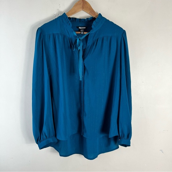 DKNY - Women's Blouse Teal NWOT Long Sleeve Flowy Top Lightweight Ruffle Large - Picture 7 of 11